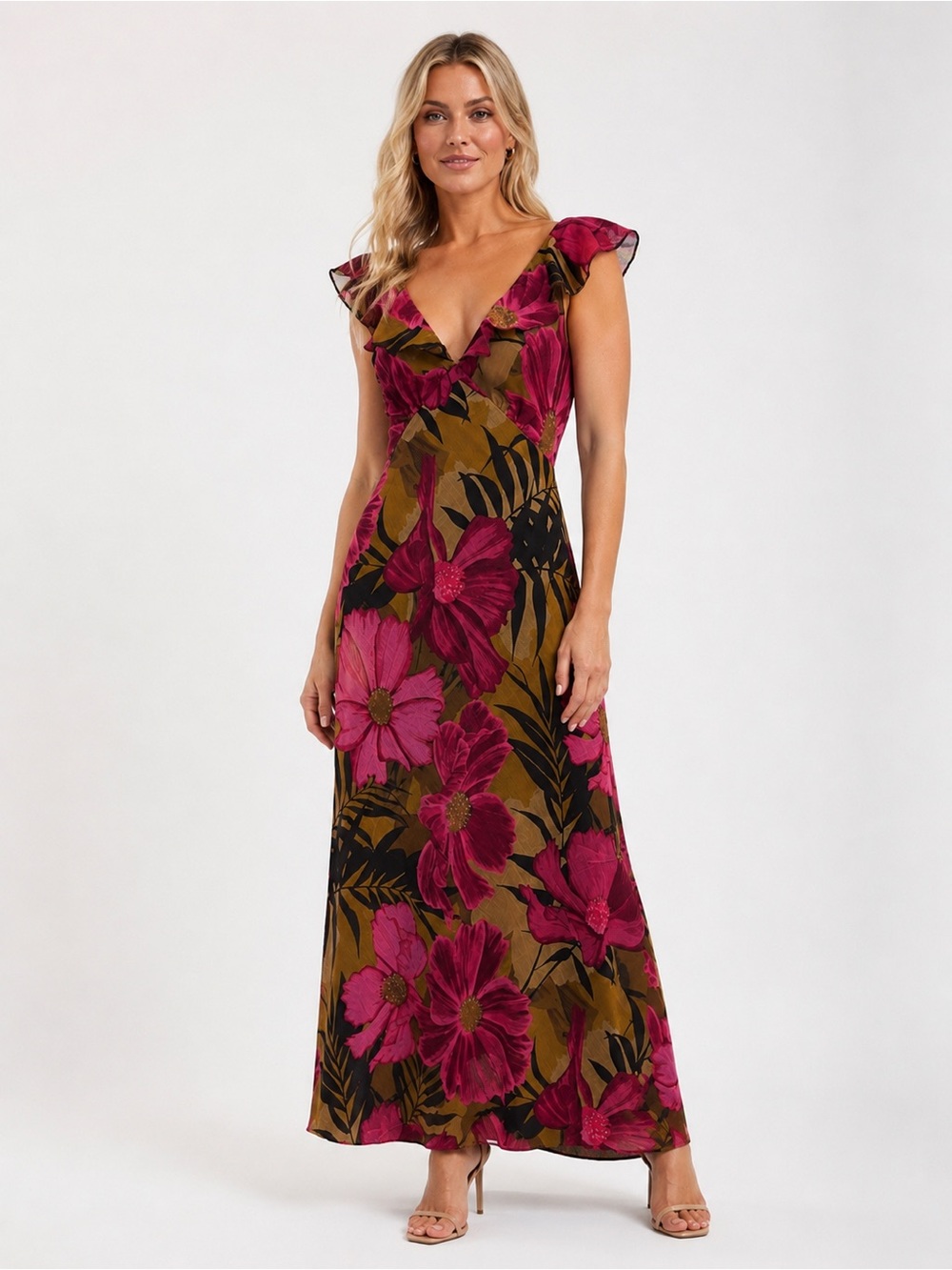 Taylor Floral Maxi Dress Ruffle V Neck Sleeveless A Line Fuchsia Taupe 10 NEW